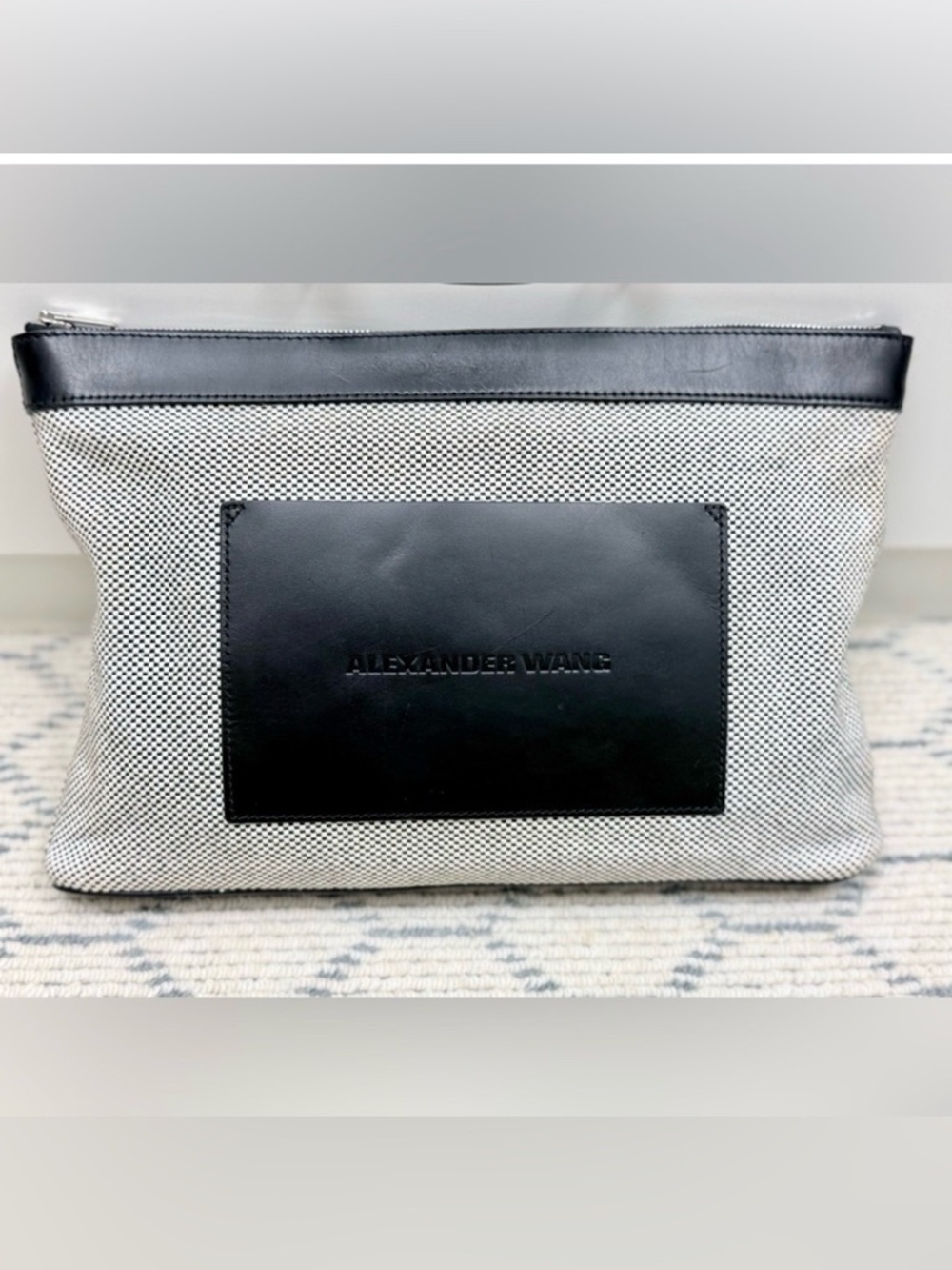 ALEXANDER WANG BLK/WHTE Woven Canvas Medium Pouch Clutch W/ BLK Leather Trim